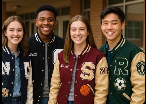 Students wearing school varsity jackets